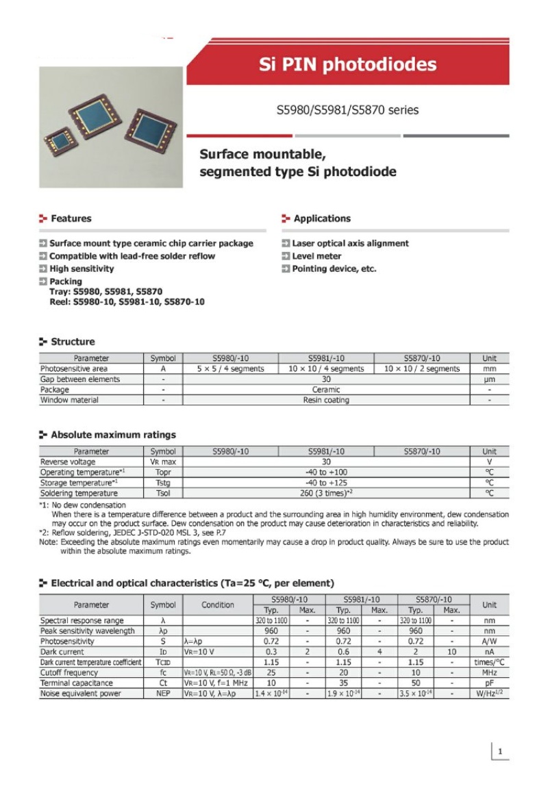 Hamamatsu Silicon PIN Photodiode S5870 S5980 S5981Segmented 2-segment photoelectric receiver