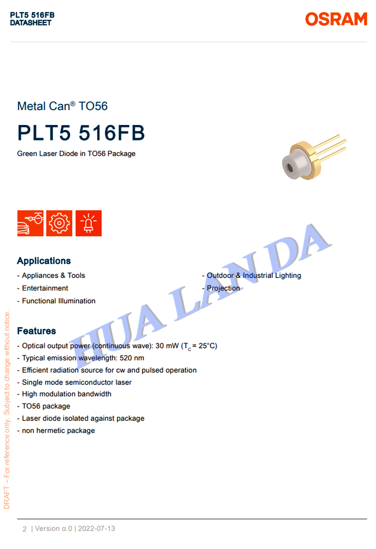 OSRAM 520nm 30mW PLT5 516FB  Green Laser Diode