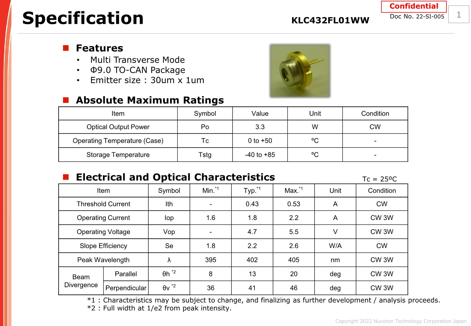 Panasonic KLC432FL01WW 402nm 405nm3W 3.3W Violet high power laser diode TO5