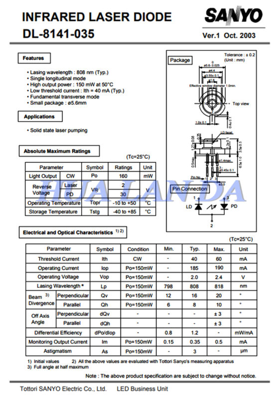 Sanyo 808nm 150mW with PD Single Mode LD-8141-035 Infrared Laser Diode TO18