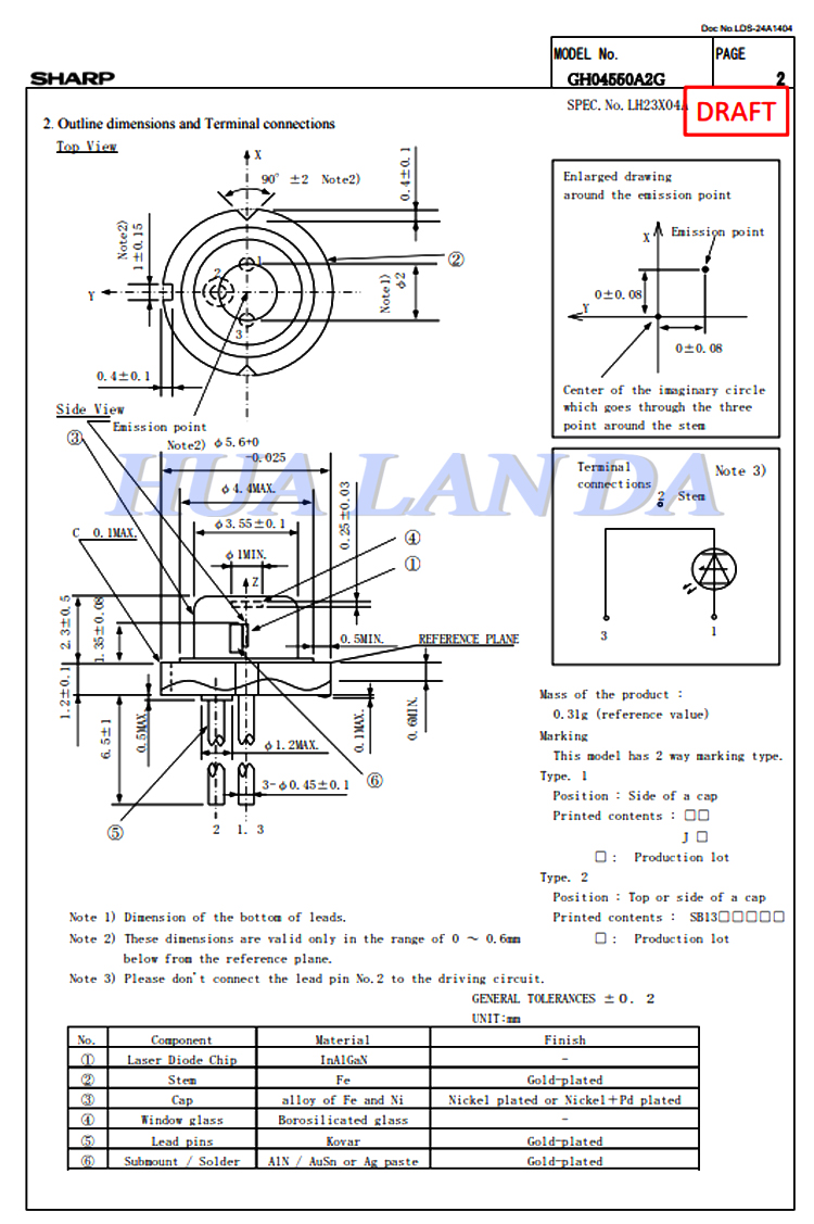 Sharp GH04550A2G 450nm 50mW Blue Laser Diode TO18 5.6mm