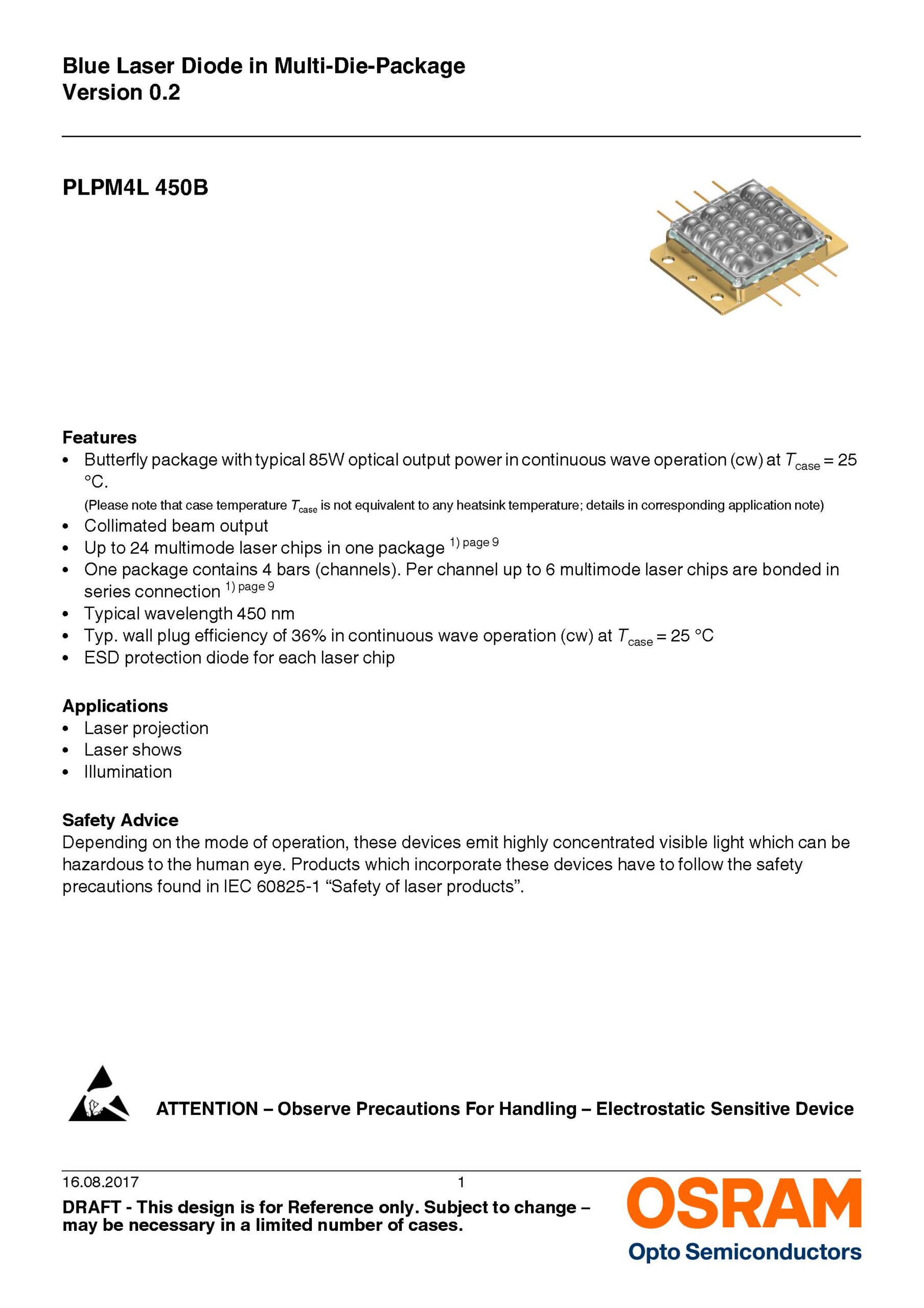 OSRAM 447nm 85W PLPM4L 450B integrated blue light high-power laser module array