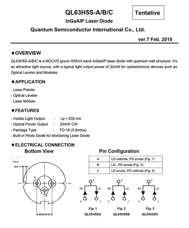 QSI 635nm 20mW QL63H5S-A.B.C  Red Laser Diode TO56 5.6mm