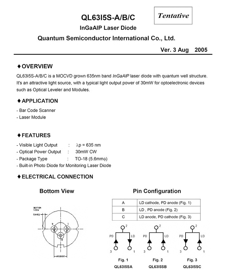 QSI 635nm 30mW QL63I5S-A.B.C Red Laser Diode TO56 5.6mm