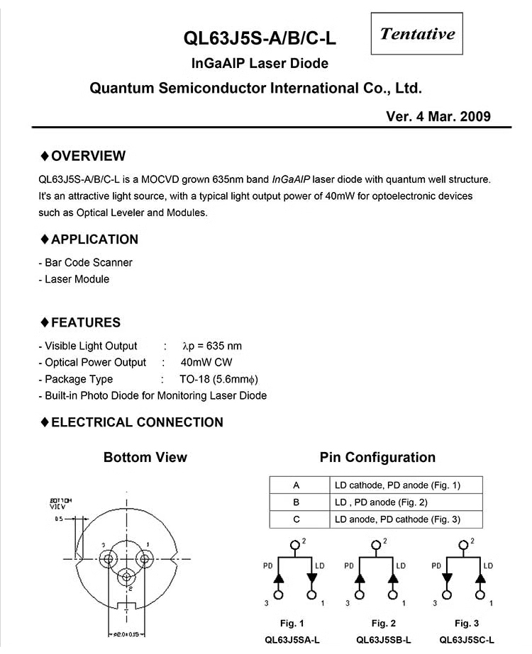 QSI  635nm 40mW QL63J5S-A/B/C Red Laser Diode TO56 5.6mm