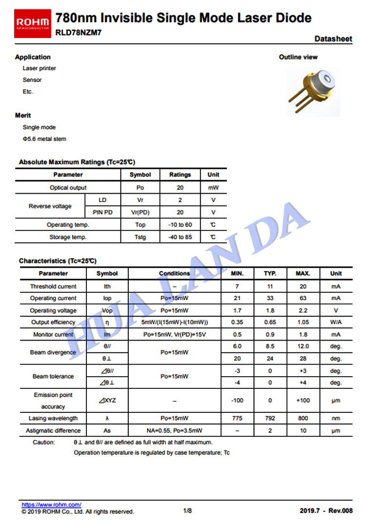 ROHM 790nm792nm RLD78NZM7 20mW with PD 5.6mm IR laser diode