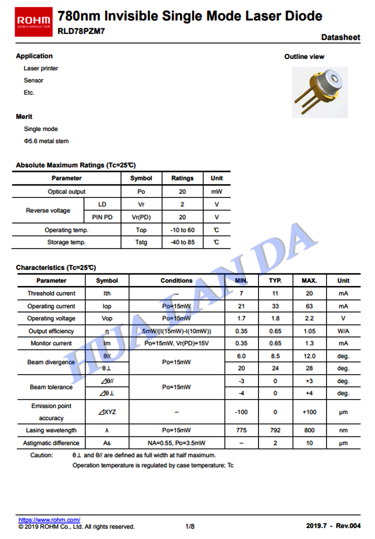 ROHM 790nm792nm RLD78PZM7 20mW with PD 5.6mm IR laser diode