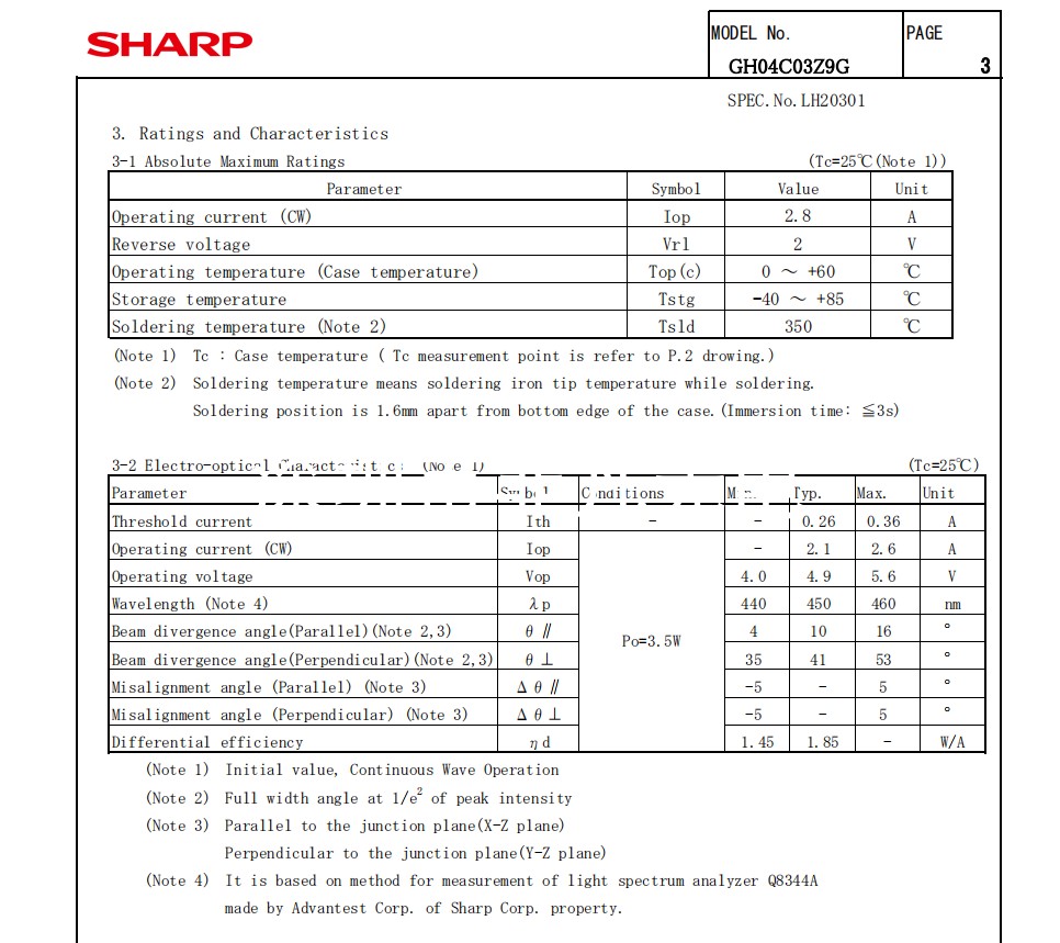 SHARP 450nm3.5W 3500mW GH04C03Z9G laser diode