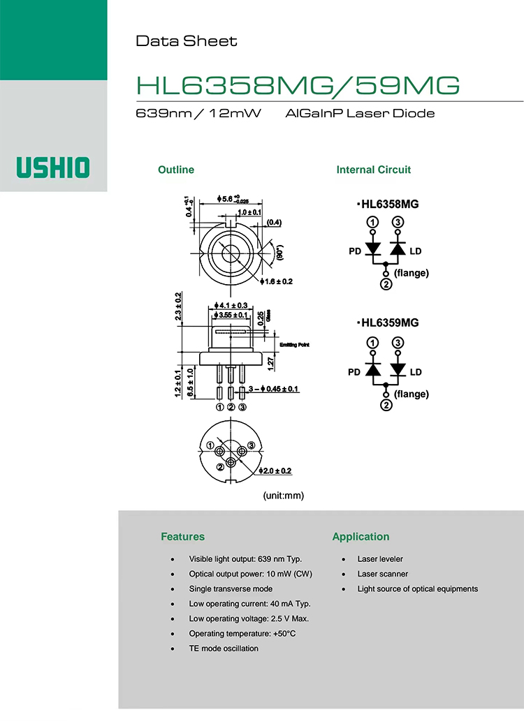 USHIO 639nm12mW HL6358MG Laser Diode