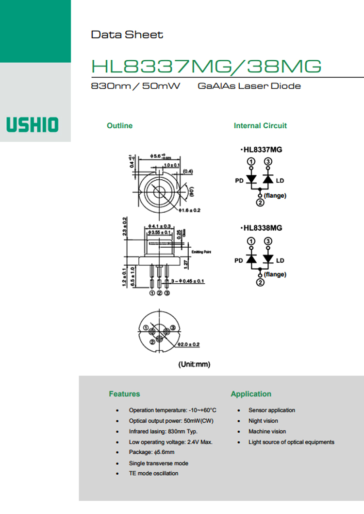 USHIO  830nm 50mW HL8337MG Laser Diode