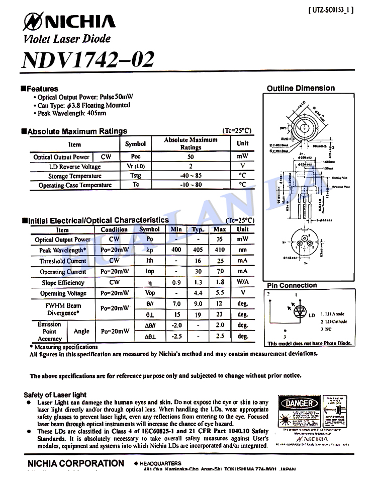 Nichia NDV1742-02 405nm 35mW 3.8mm violet-blue laser diode K type NDV1742