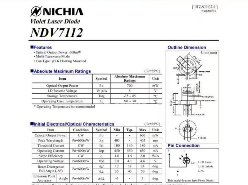 Nichia NDV7112 405nm 700mW laser diode TO18