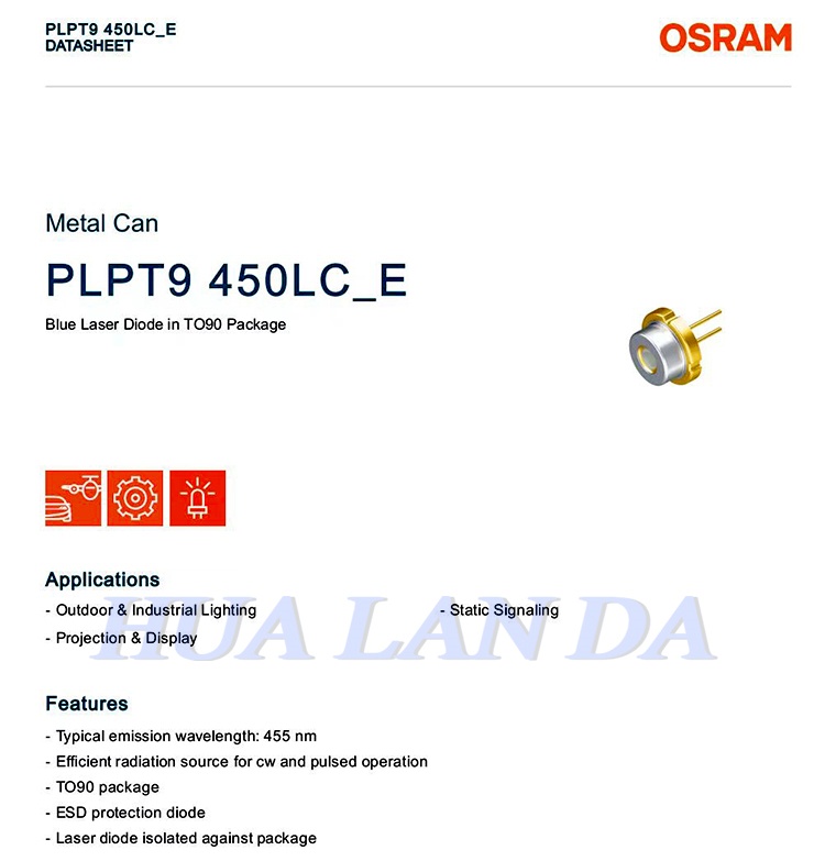 Osram 455nm 5.5W PLPT9 450LC_E Blue Laser Diode 9mm
