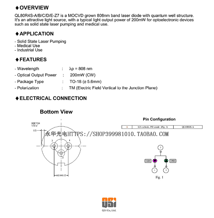 QSI QL80R4SA-Z7 808nm 200mW  IR Laser Diode with PD Type N
