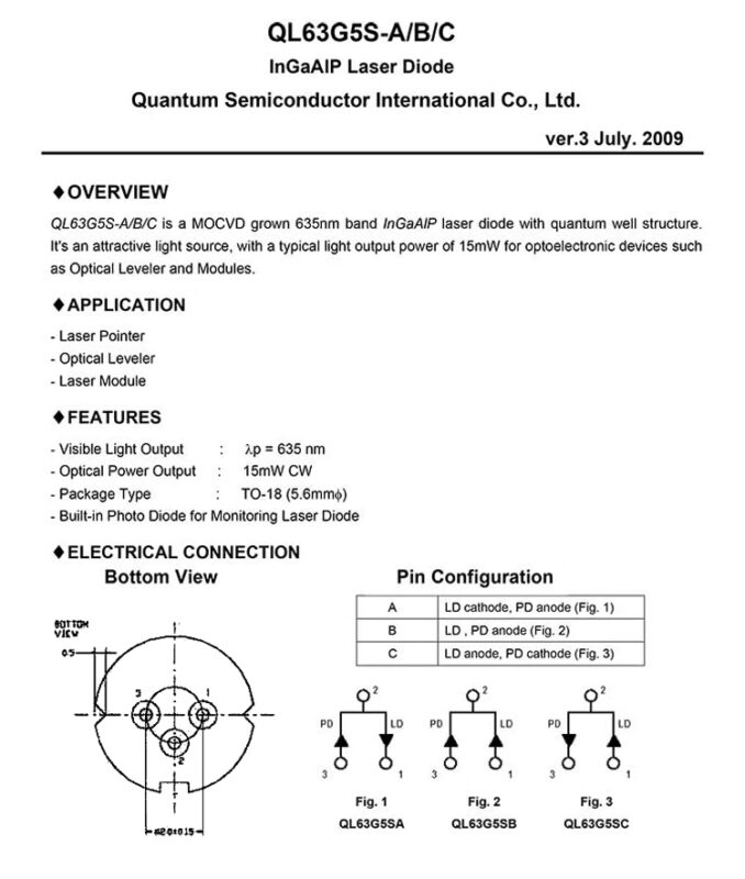 QSI 635nm 15mW QL63G5SA/B/C Red Laser Diode TO56 5.6mm – Beeg