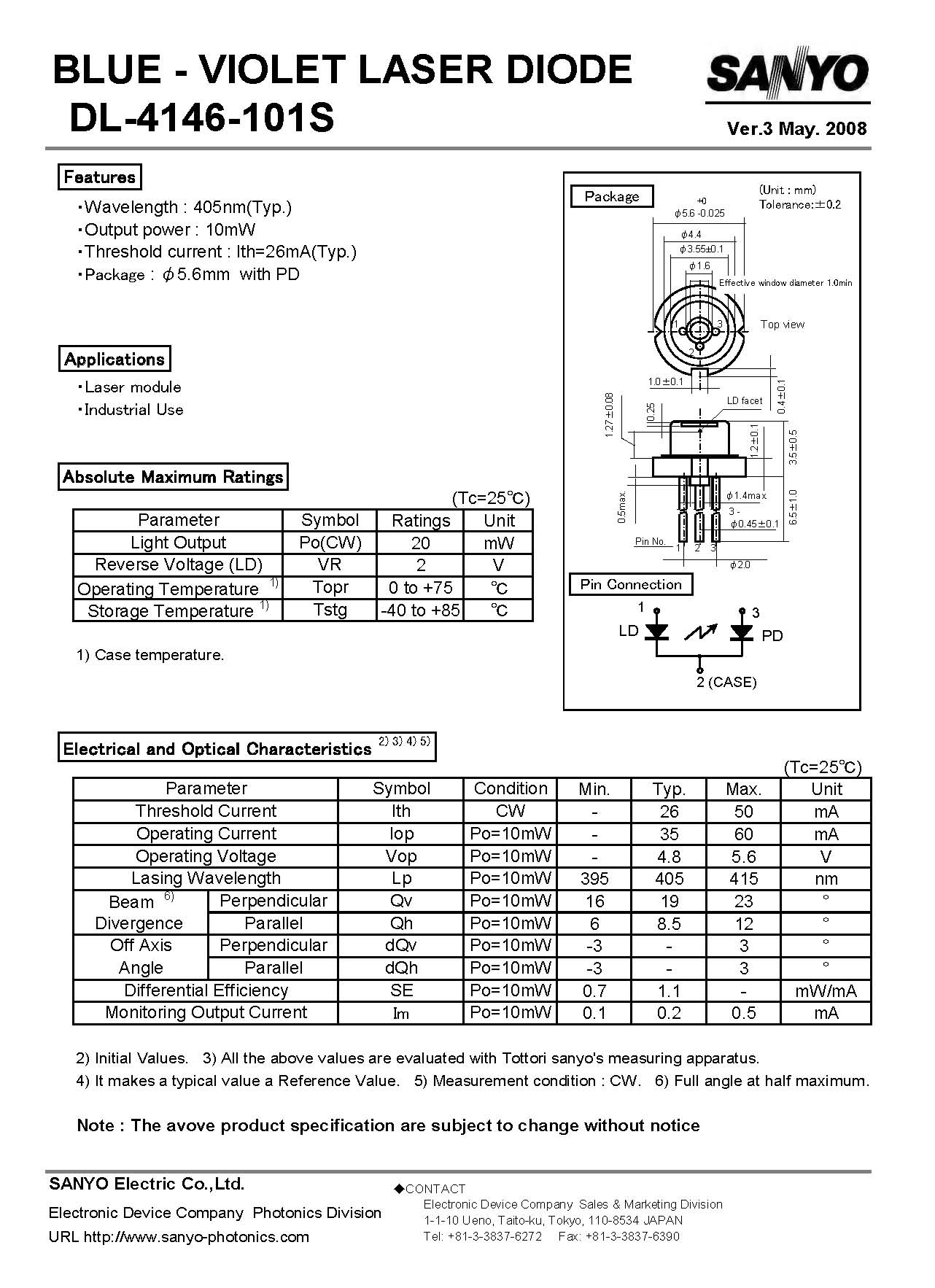 SANYO 405nm20mW Violet Laser Diode DL-4146-101S P-type with PD