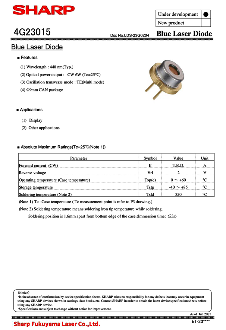 Sharp 440nm 6W 9mm 4G23015 Blue Laser Diode