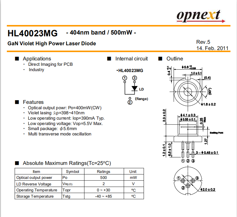 USHIO HL40023MG 405nm 500mW single mode blue violet laser diode