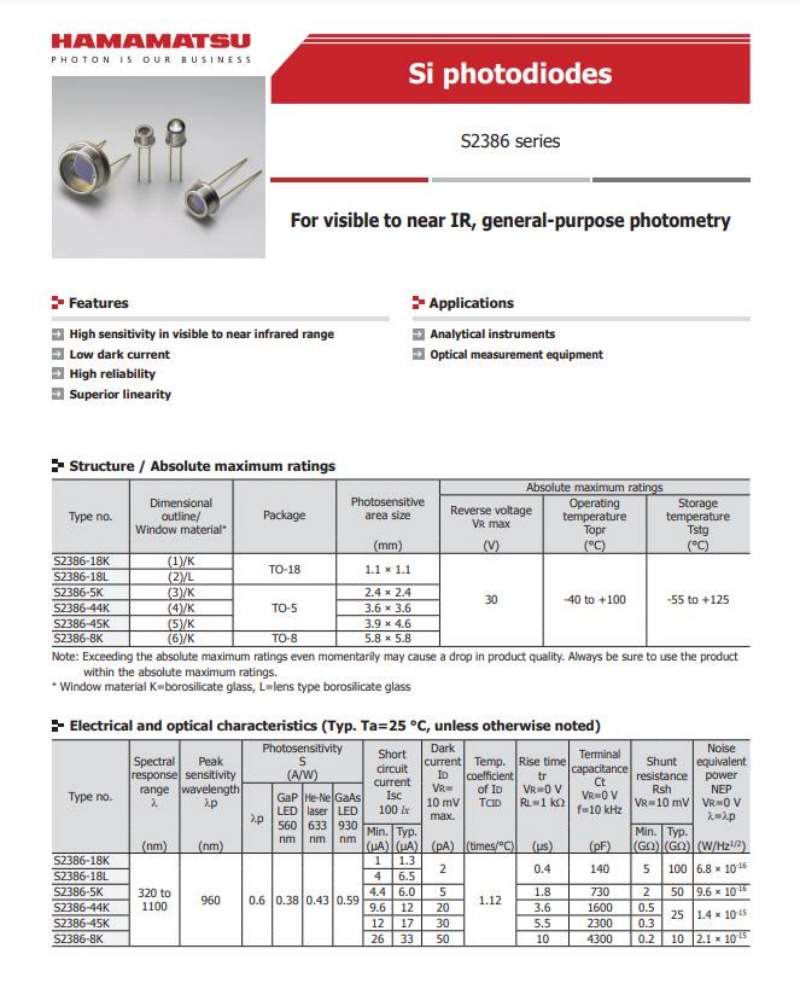 hamamatsu Si photodiode S2386-18L S2386-18K S2386-5K S2386-44K S2386-8k Photodiodes