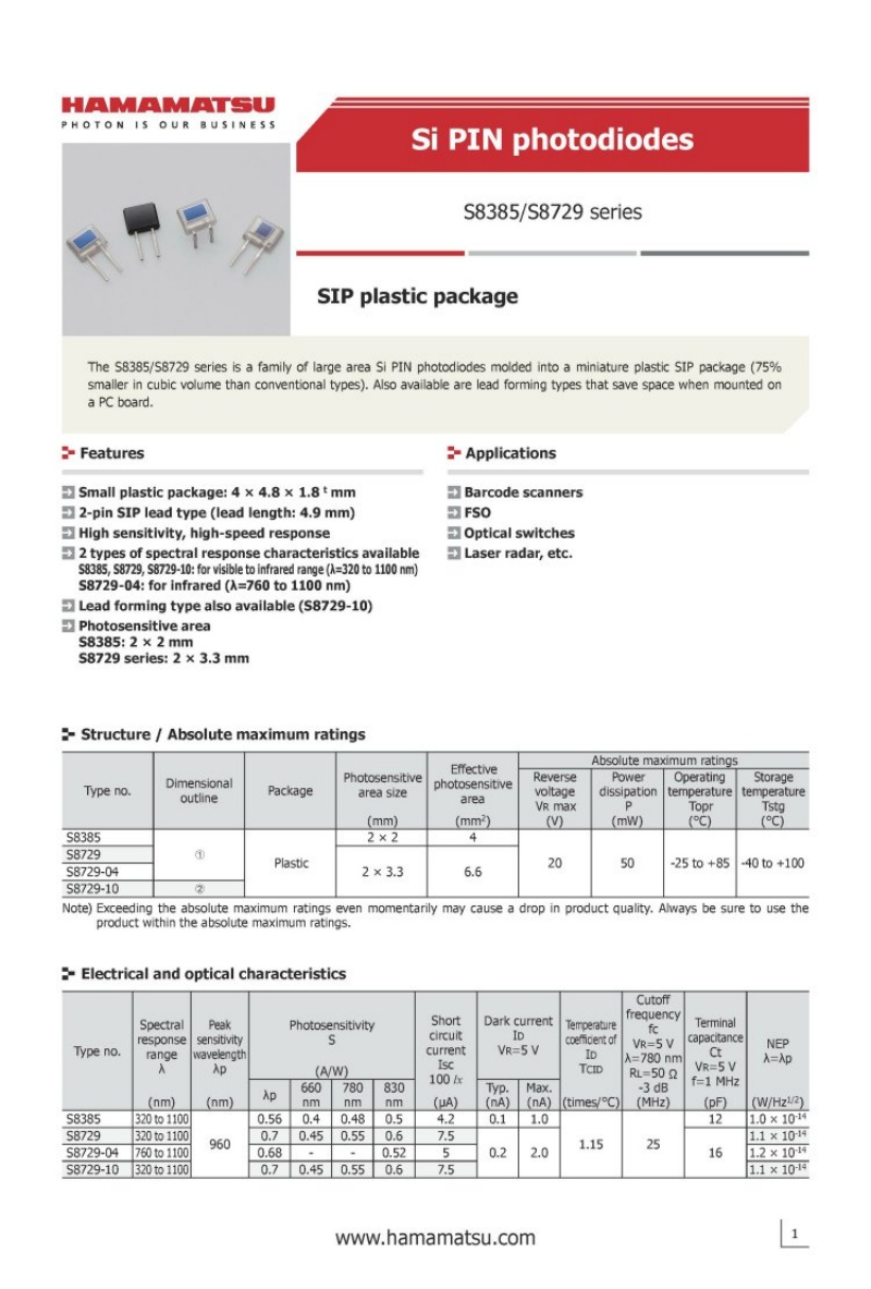 Hamamatsu S8385 S8729 SIP plastic package high-speed silicon PIN photodiode