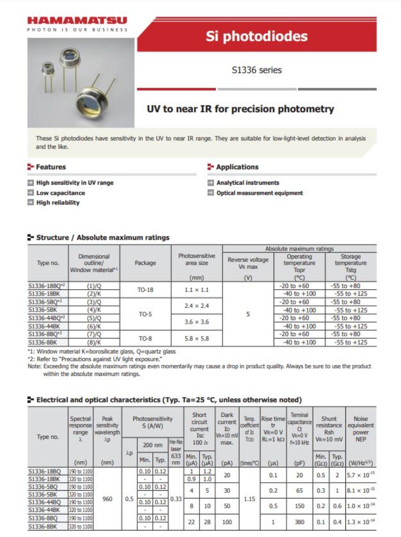 Hamamatsu S1336-5BQ S1336-5BK S1336-8BK S1336-8BQ S1336-18BK S1336-18BQ silicon photocell diode high sensitivity
