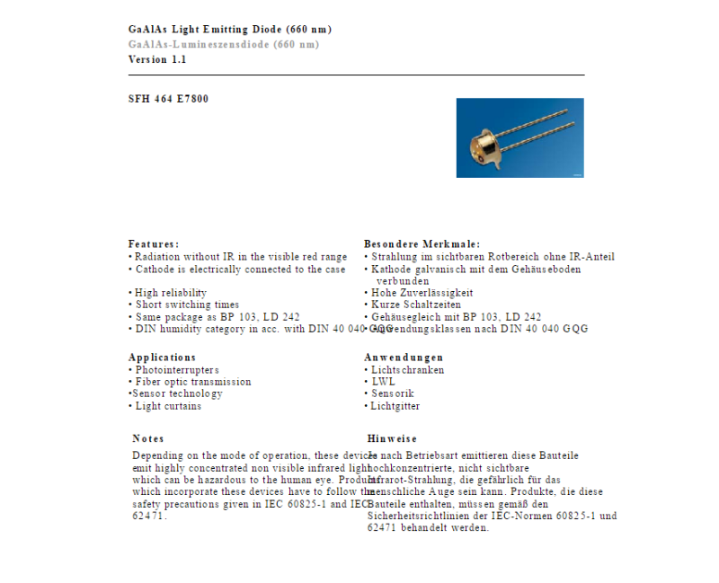 OSRAM 660nm Red SFH464 Gallium arsenide Light-emitting diode
