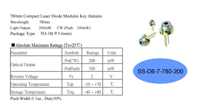 QSI 780nm 200mW SS-D6-7-780-200 Infrared Laser Diode 5.6mm