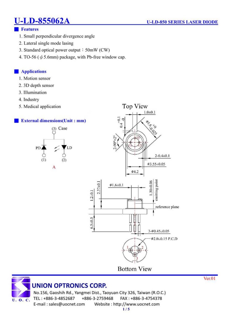 Youjia 850nm 50mW U-LD-855062A  Infrared Light Single-Mode Laser Diode