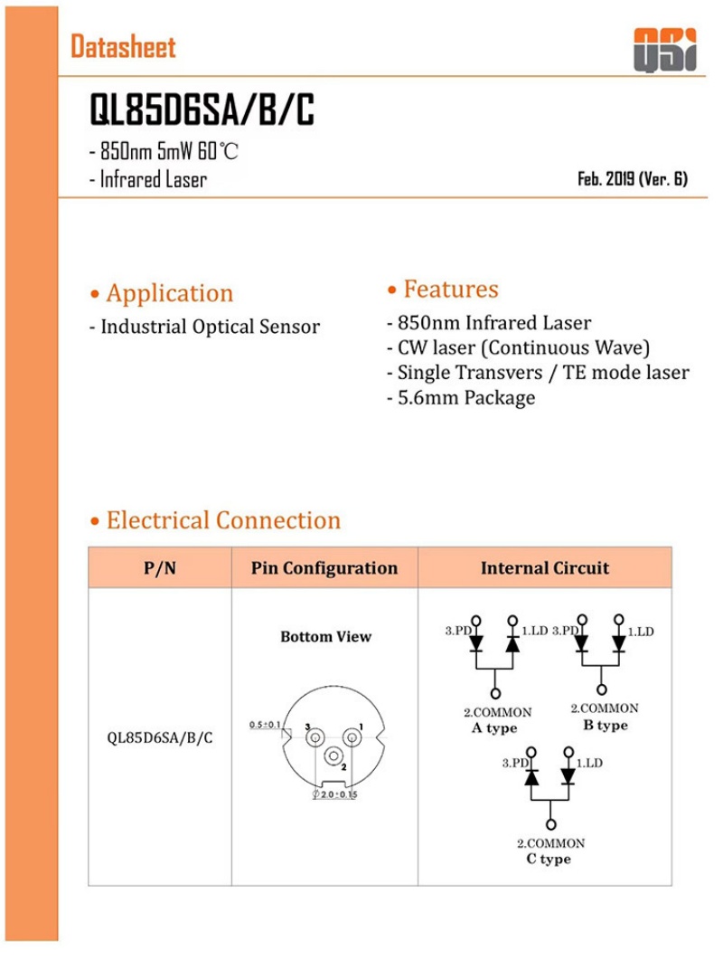 QSI QL85D6SA QL85D6SB QL85D6SC 850nm 5mw infrared laser diode Brand new original
