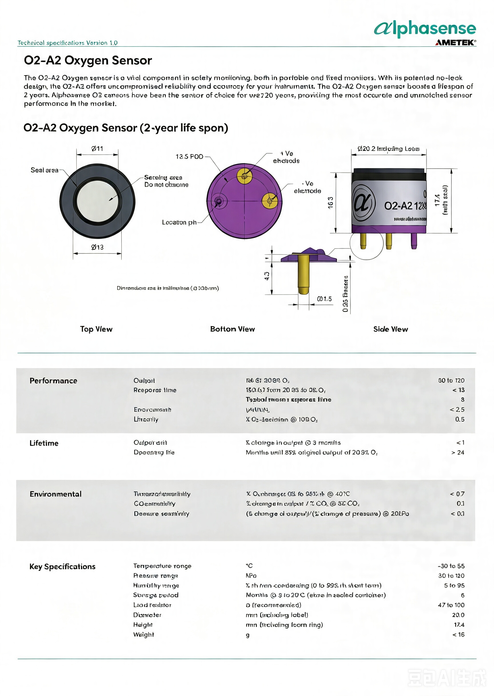 Alphasense O2-A2 O2-A3 Electrochemical Oxygen Sensor