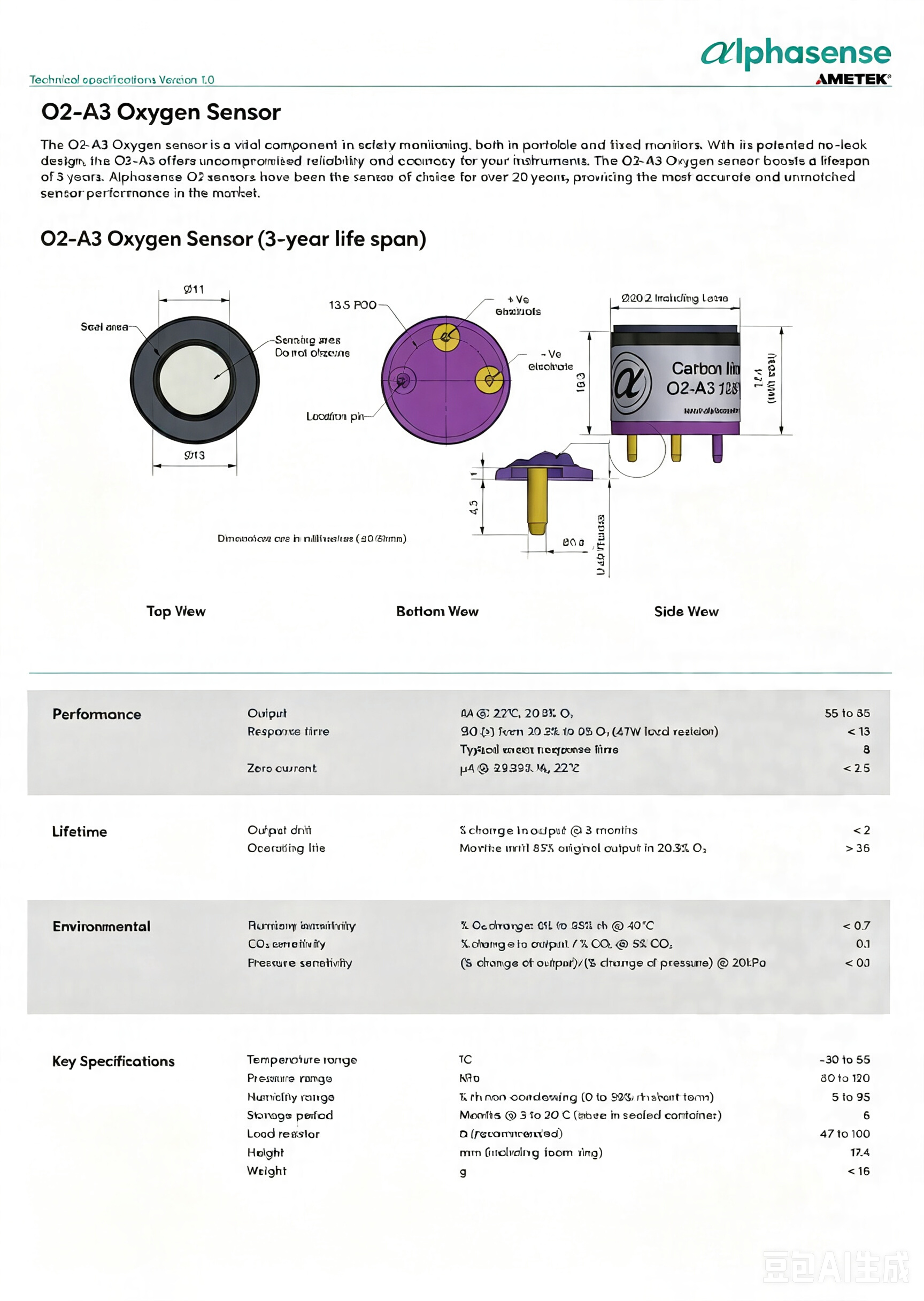Alphasense O2-A2 O2-A3 Electrochemical Oxygen Sensor
