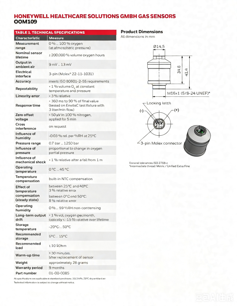 Original HONEYWELL OOM109 OOM109-LF2 （EnviteC） Oxygen Sensor