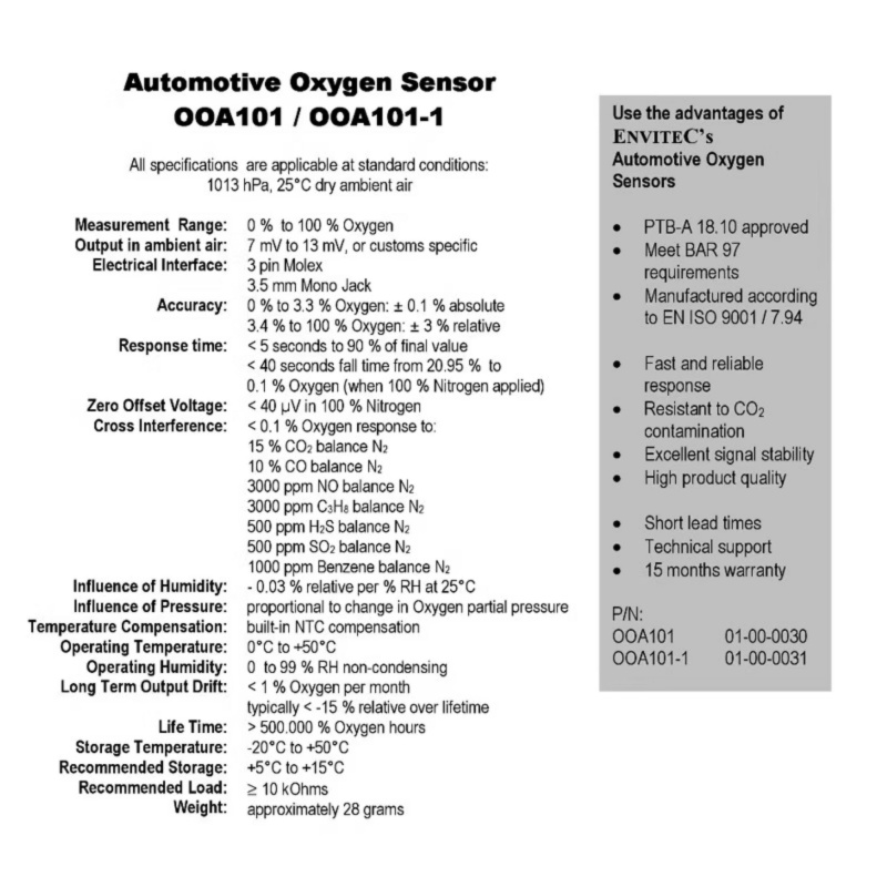 Honeywell ENVITEC OOA101 OOA101-1 Oxygen Sensor