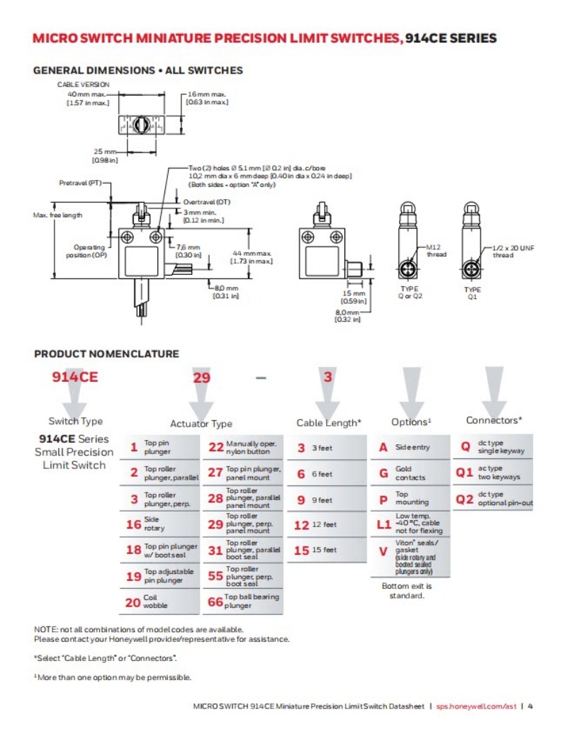 Honeywell 914CE1-AQ 914CE1-3A 914CE2-3A 914CE3-3 914CE2-3 Miniature Enclosed Limit Switch