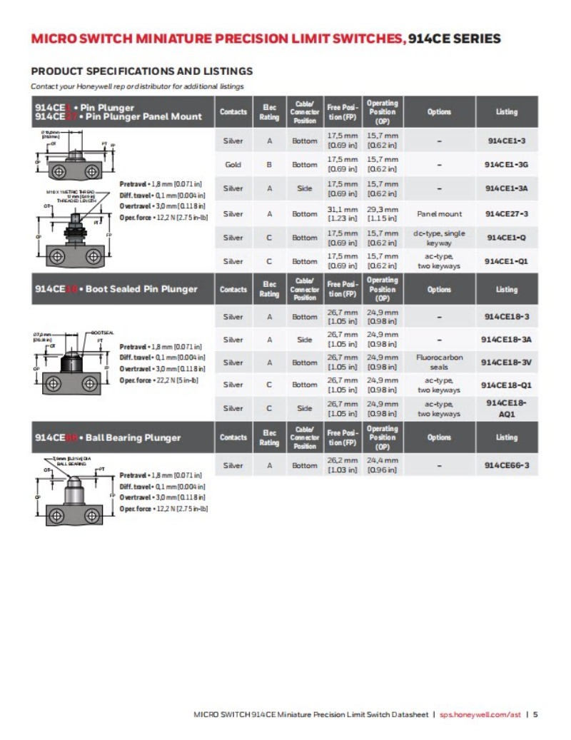 Honeywell 914CE1-AQ 914CE1-3A 914CE2-3A 914CE3-3 914CE2-3 Miniature Enclosed Limit Switch