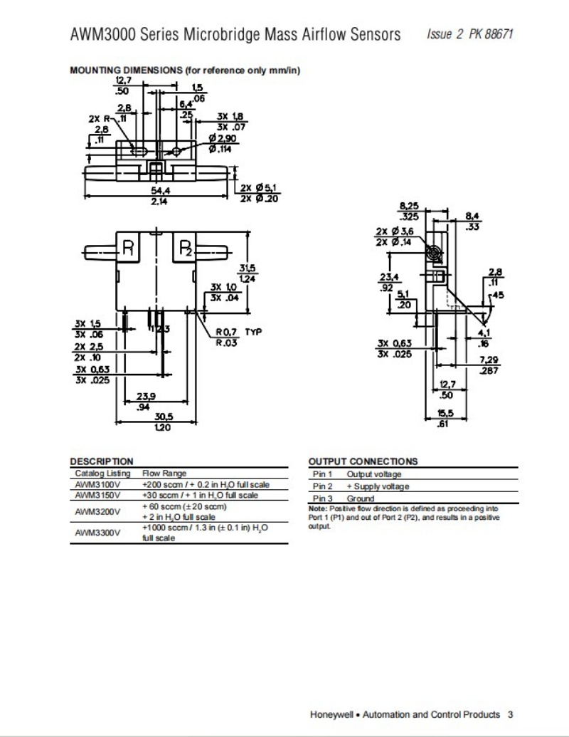 Honeywell AWM2300V AWM3100V AWM3300V Gas Flow Sensor