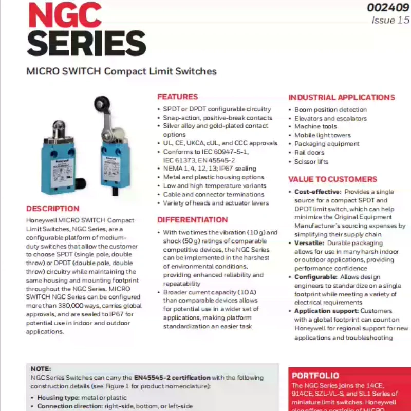 Honeywell NGCMA10AX01C NGCMA10AX01B NGCMA10AX01M NGCMA10AX01P limit switches