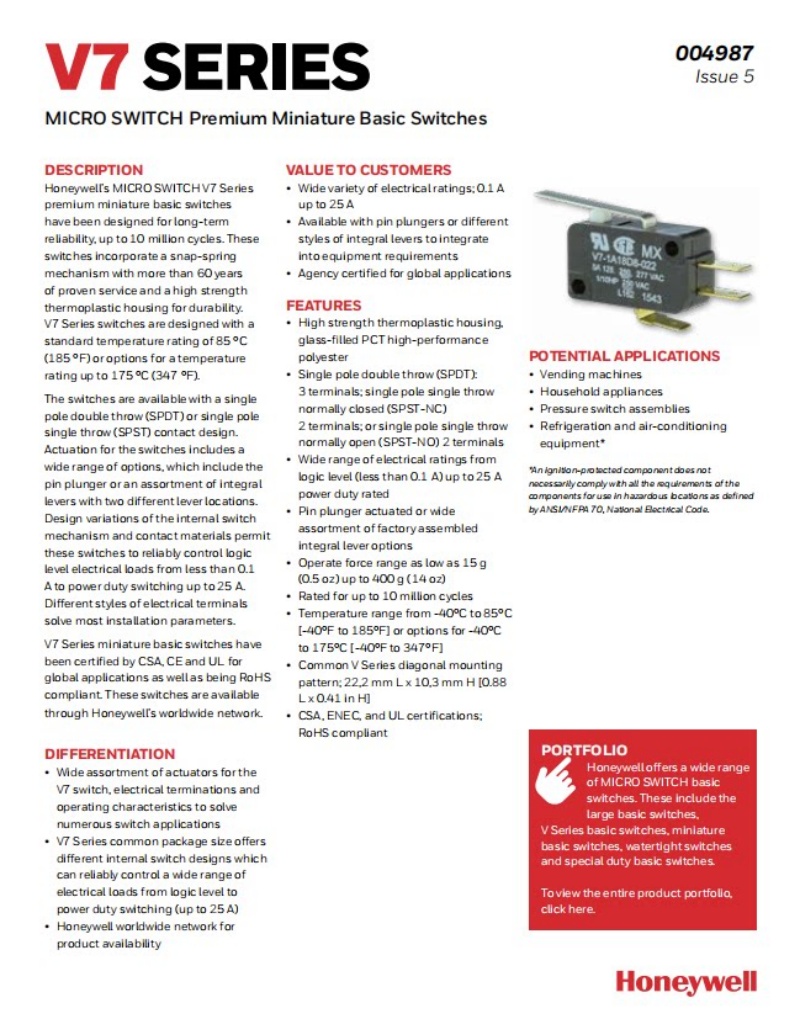 Honeywell V7-1X1AD9C1 V7-1V39E9 V7-1C37D8 Micro Switch
