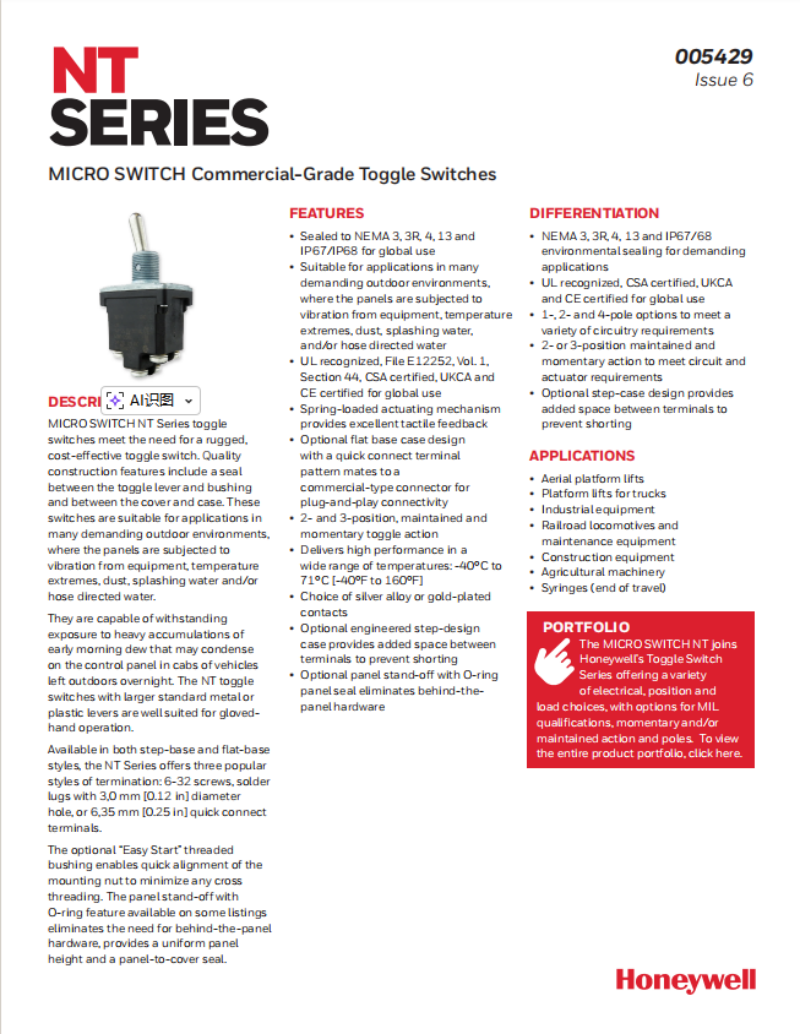 Honeywell 1NT1-1 1NT1-2 1NT1-3 1NT1-5 1NT1-6 1NT1-7 1NT1-8 Toggle Switch