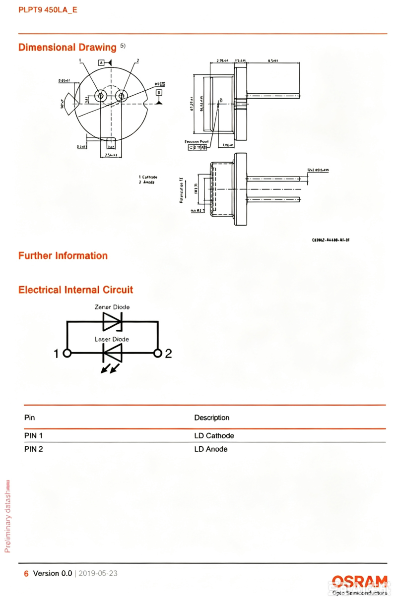 Osram PLPT9 450LA-E 447nm 450nm 3W Laser Diode TO9