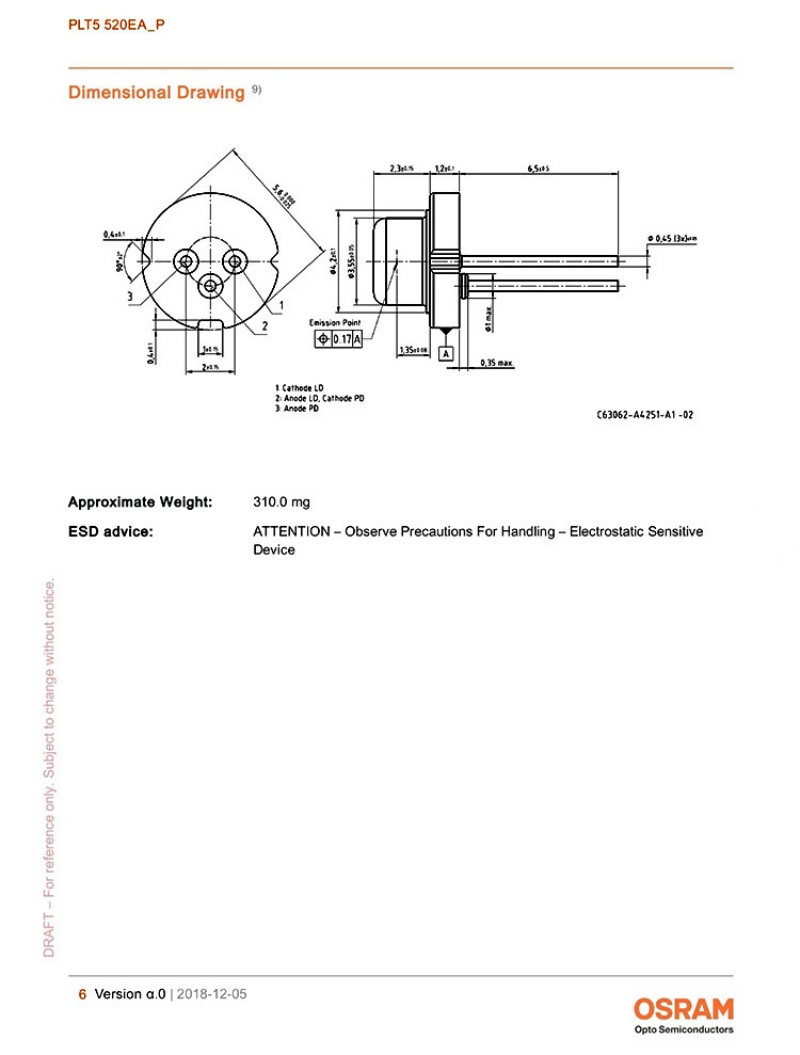 Osram PLT5 520EA-P 520nm 20mW N-type with PD / K-type without PD Laser Diode TO56