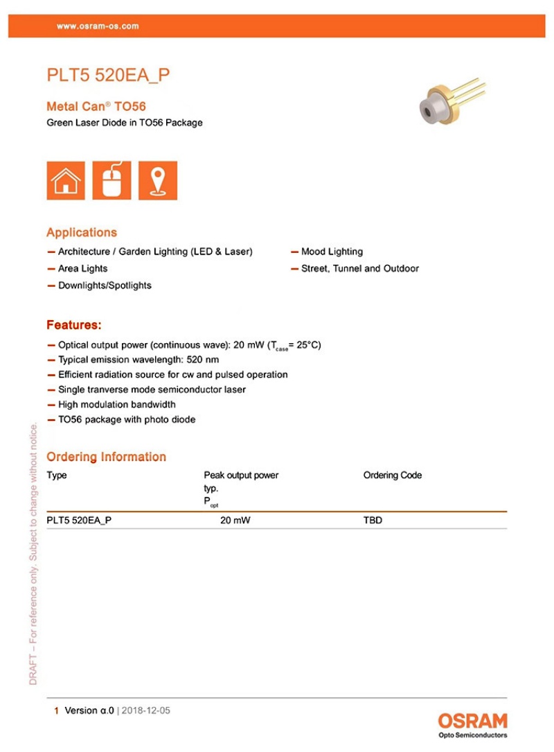 Osram PLT5 520EA-P 520nm 20mW N-type with PD / K-type without PD Laser Diode TO56