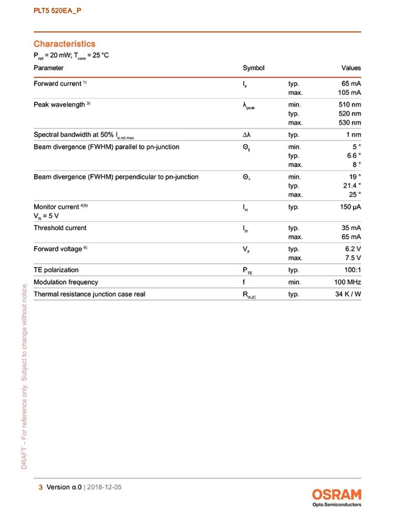 Osram PLT5 520EA-P 520nm 20mW N-type with PD / K-type without PD Laser Diode TO56
