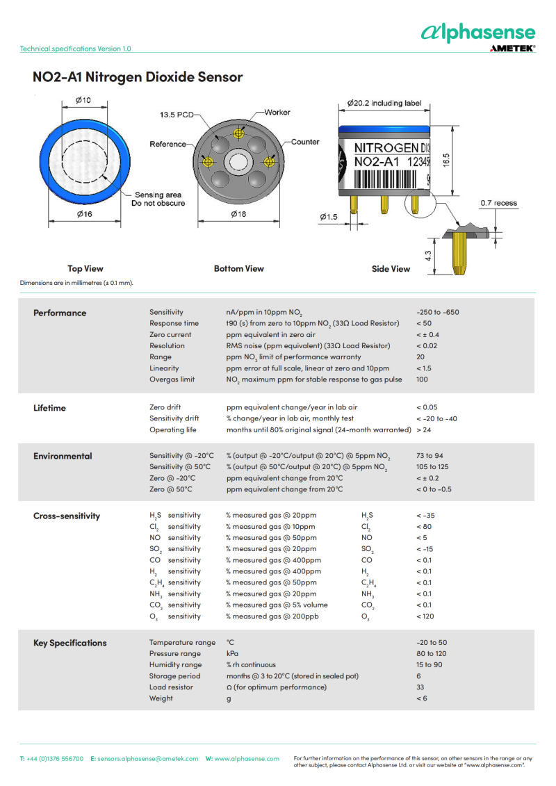 Alphasense NO2-A1 Nitrogen Dioxide Gas Sensor