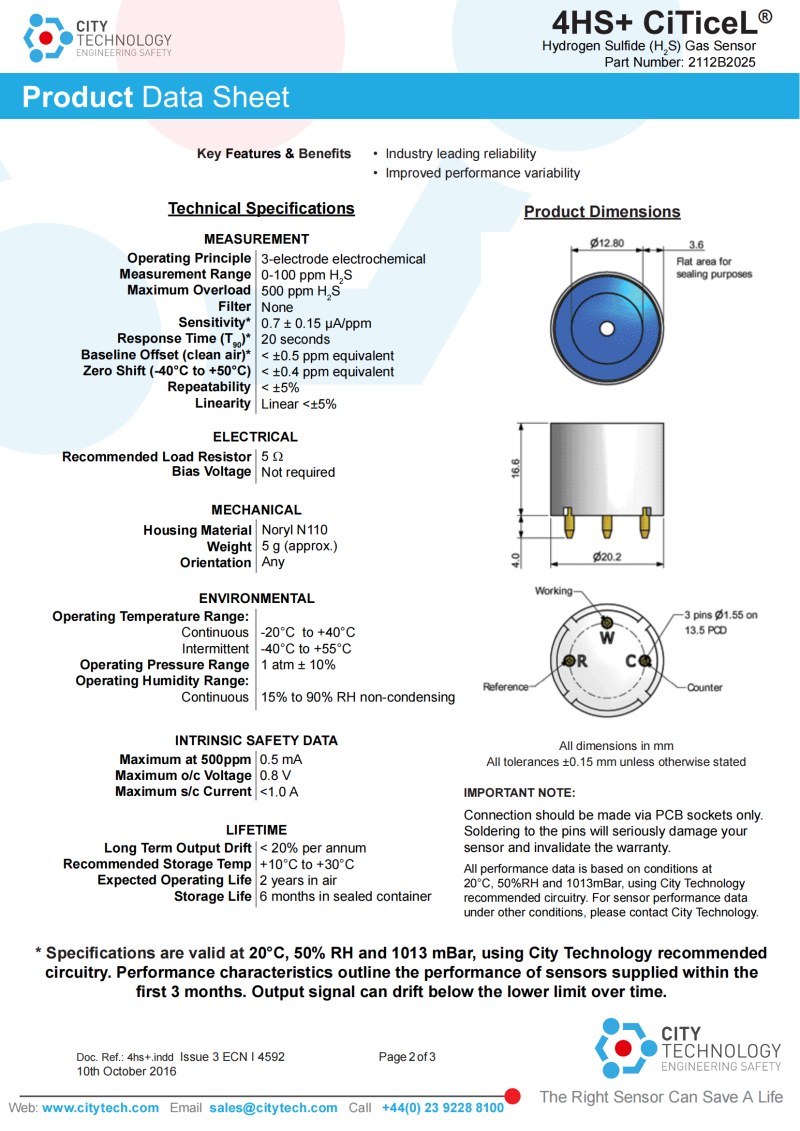UK CITY 4HSC 4HS+ 7H 7HH Hydrogen Sulfide Gas Sensor