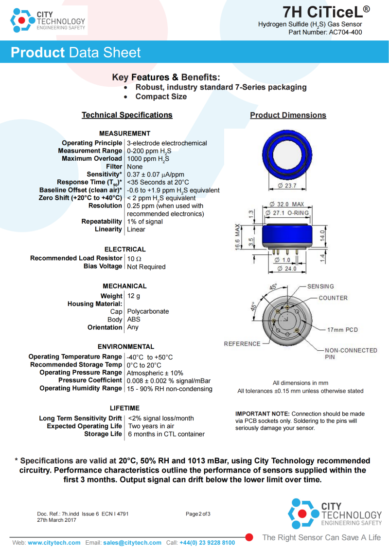 UK CITY 4HSC 4HS+ 7H 7HH Hydrogen Sulfide Gas Sensor