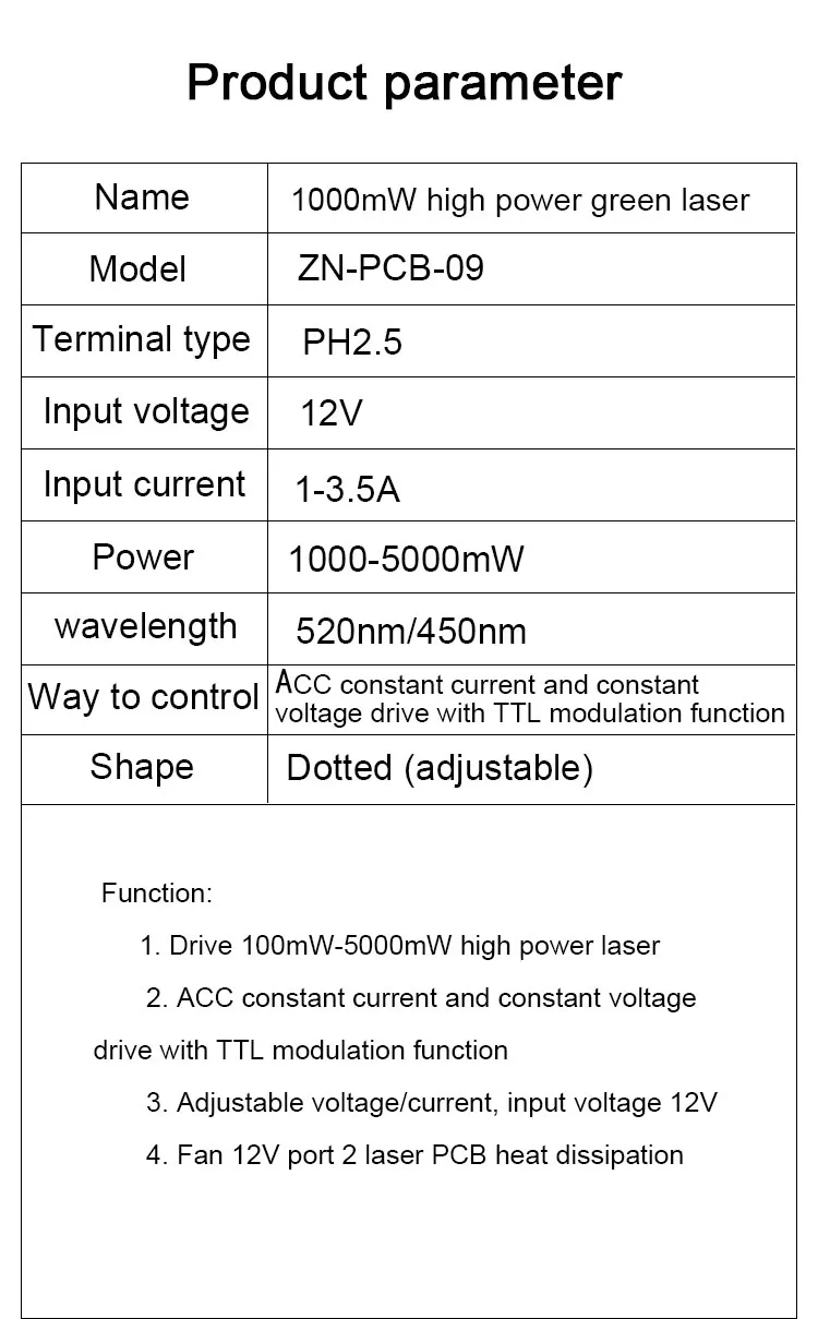520nm 1W Green Laser Module DC12V Focusable DIY OX Laser Head 1000mW Diode Laser for Stage Laser Bird Repellent With TTL