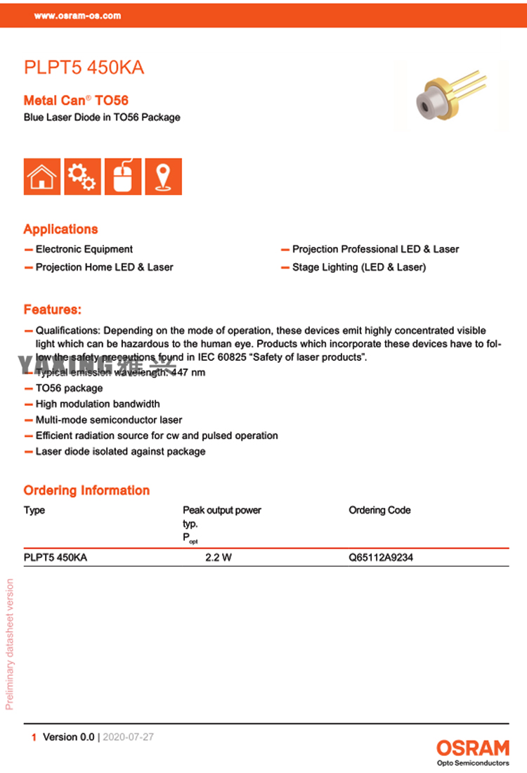 OSRAM PLPT5 450KA 450nm2W 2.2W Blue laser diode in stock