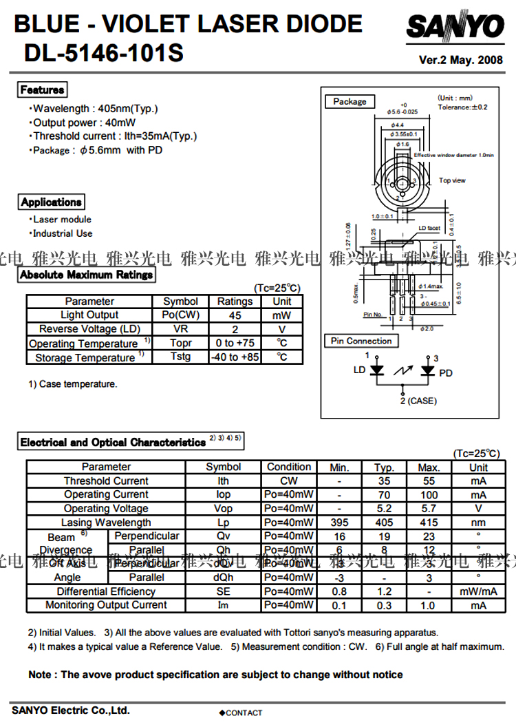 SANYO DL-5146-101S 405nm 40mw Violet Laser Diode