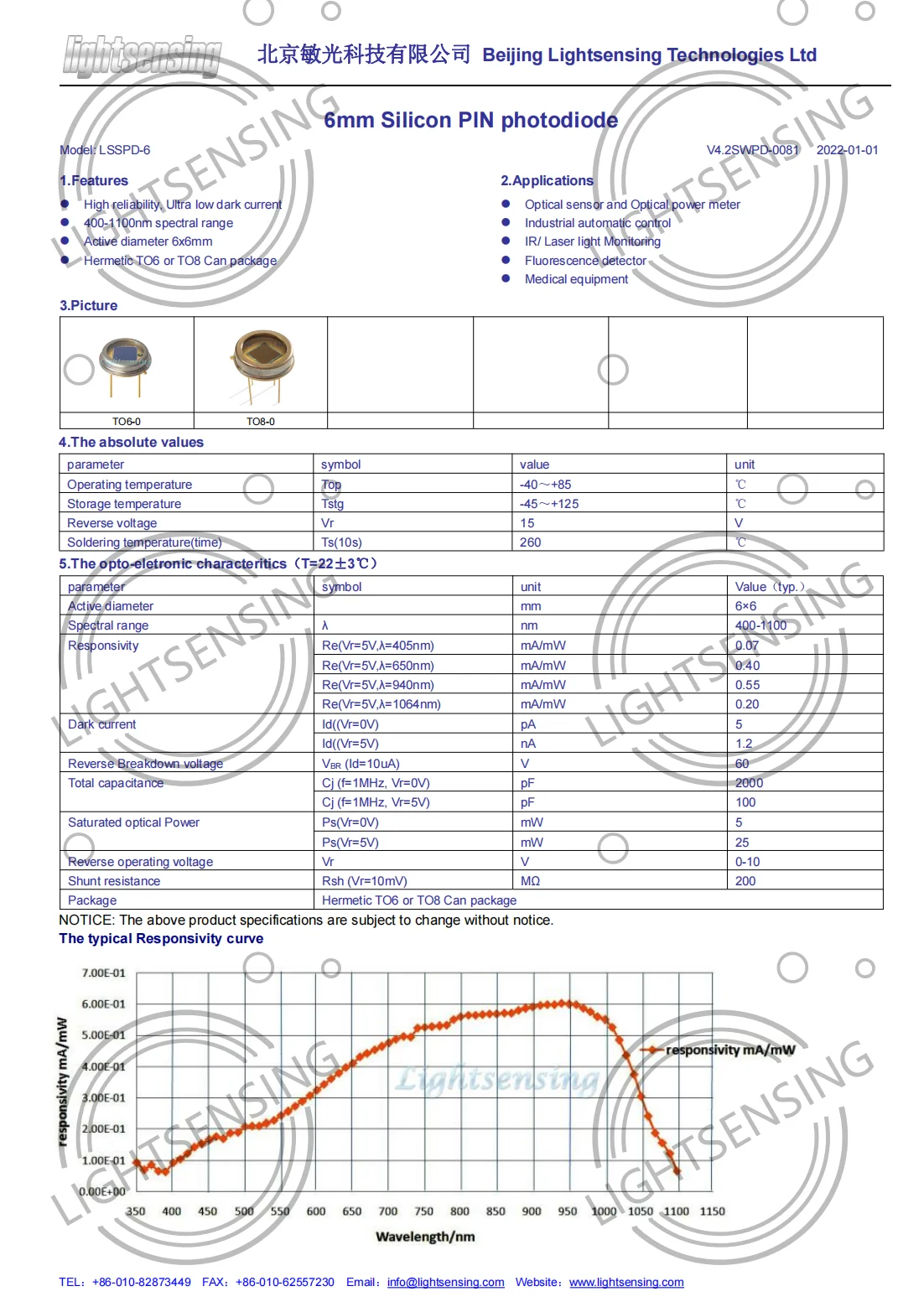 LSSPD-6 400-1100nm 6mm Silicon PIN Photodetector Diode